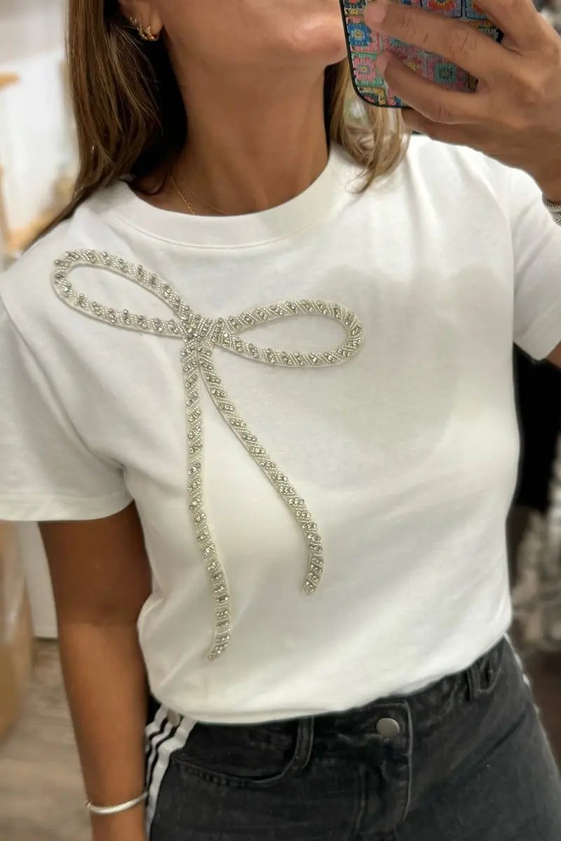 White Rhinestone Bow Embellished Round Neck Tee for Women - Love Salve 