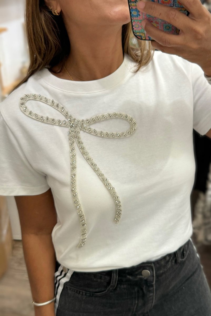 White Rhinestone Bow Embellished Round Neck Tee for Women - Love Salve 