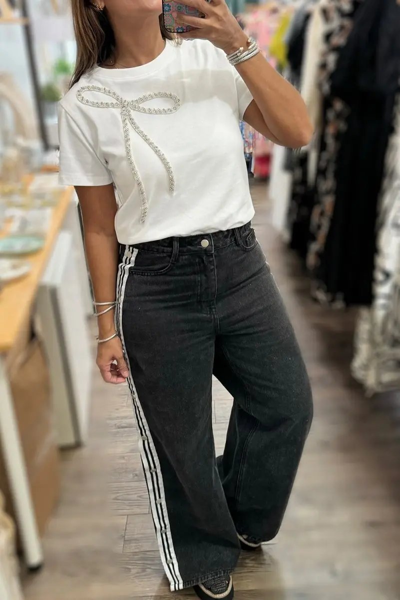 White Rhinestone Bow Embellished Round Neck Tee for Women - Love Salve 