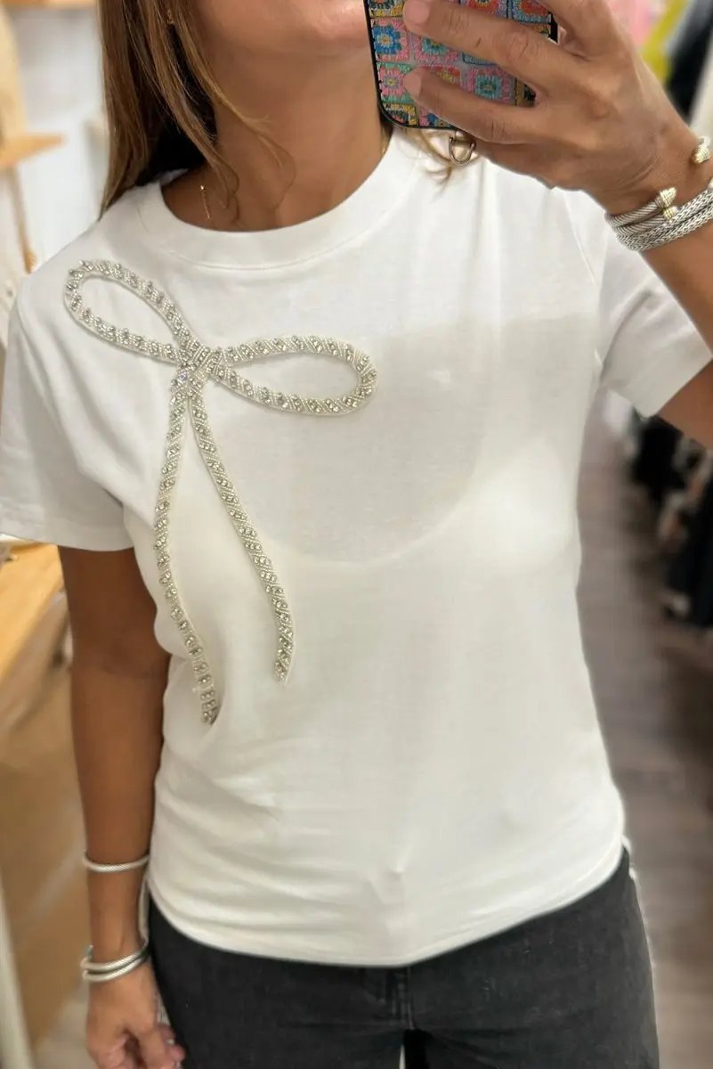 White Rhinestone Bow Embellished Round Neck Tee for Women - Love Salve 