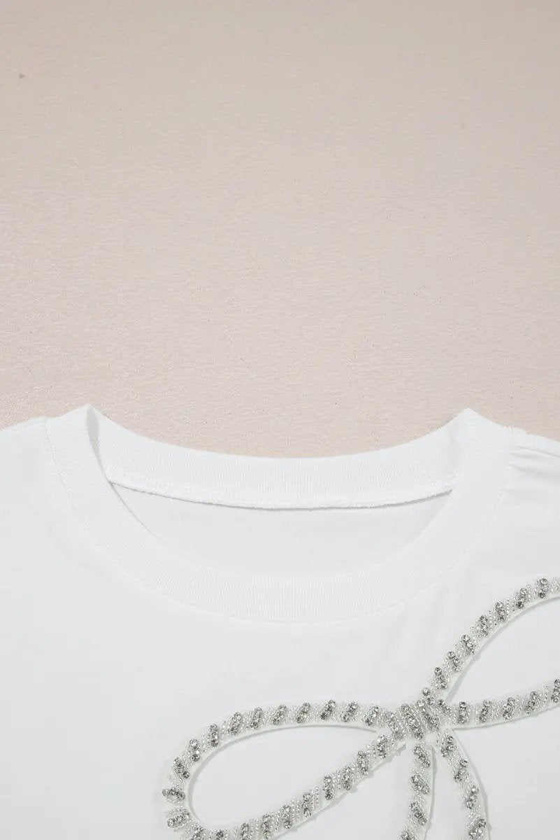 White Rhinestone Bow Embellished Round Neck Tee for Women - Love Salve 