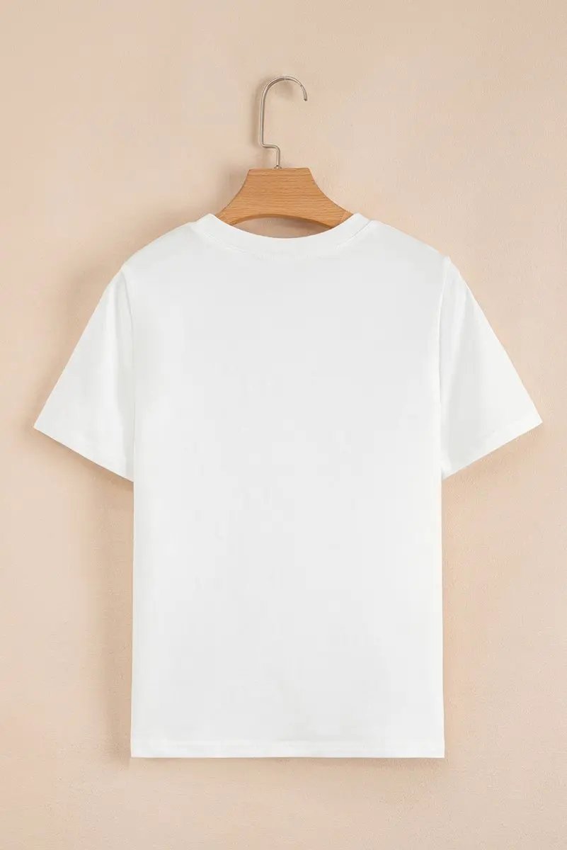 White Rhinestone Bow Embellished Round Neck Tee for Women - Love Salve 