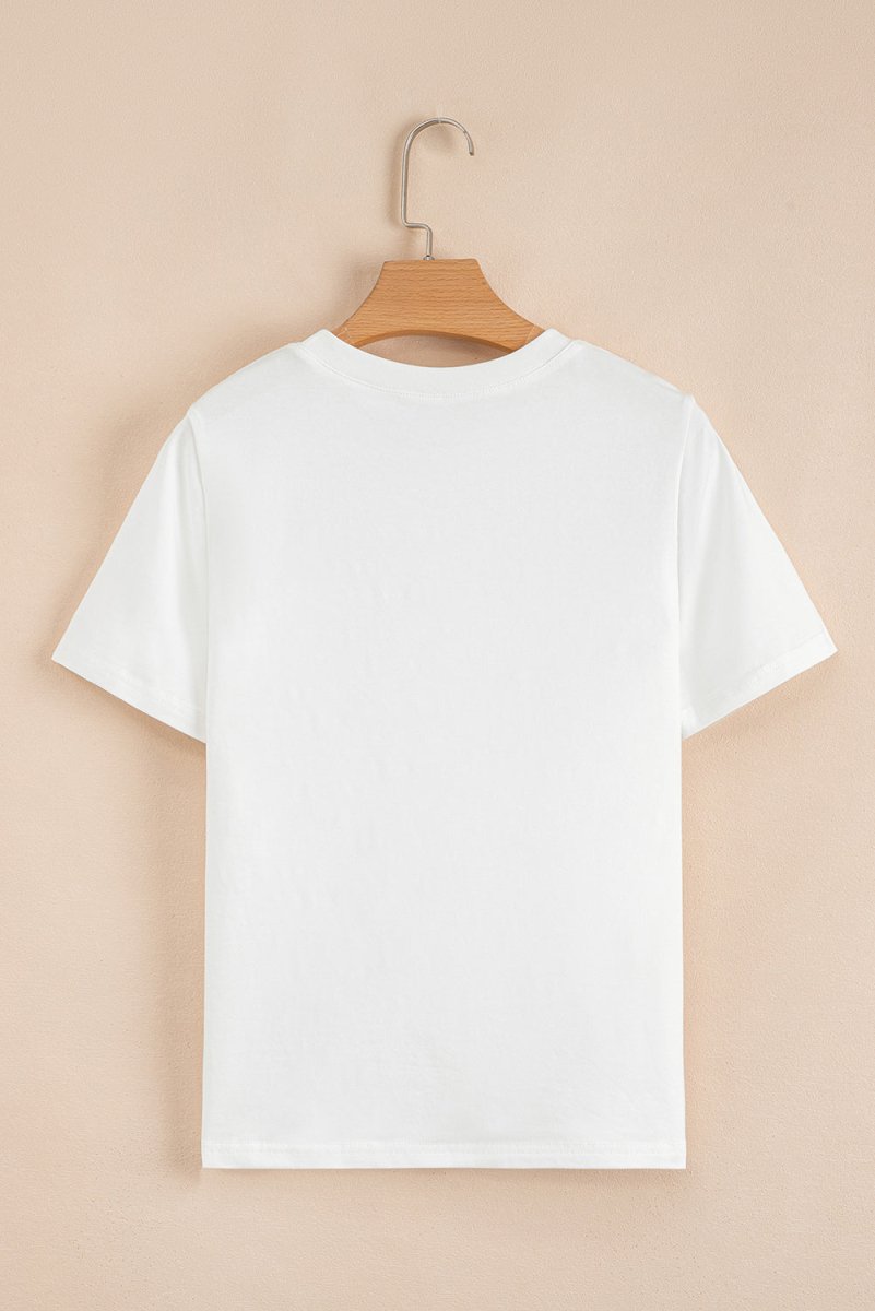 White Rhinestone Bow Embellished Round Neck Tee for Women - Love Salve 