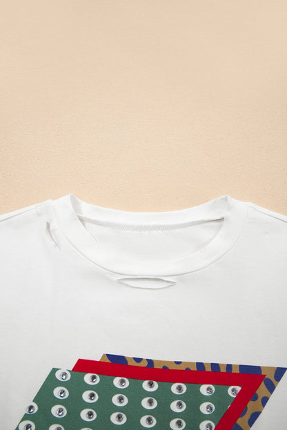 White Rhinestone Decor Bolt Graphic Ripped Western Tee Shirt - Love Salve 