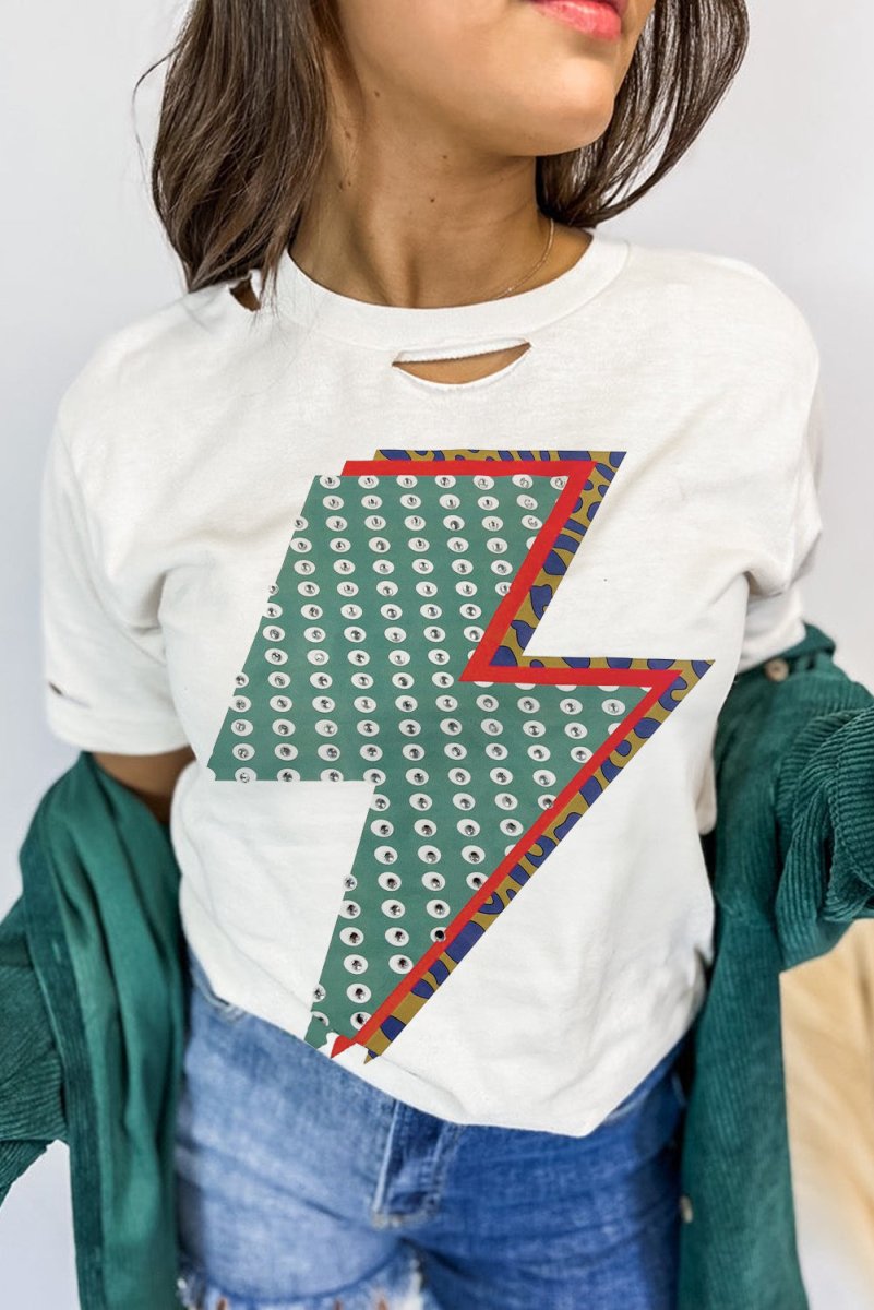 White Rhinestone Decor Bolt Graphic Ripped Western Tee Shirt - Love Salve 