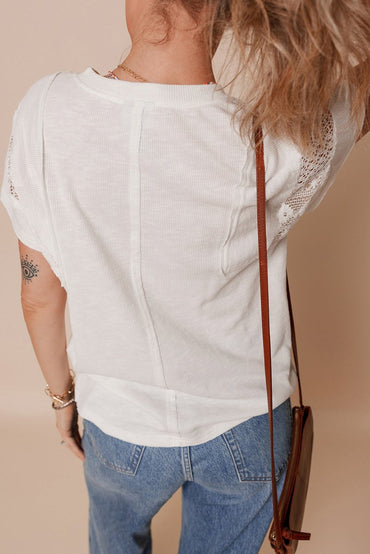 White Ribbed Texture Lace Patchwork Short Sleeve Top for Women - Love Salve 