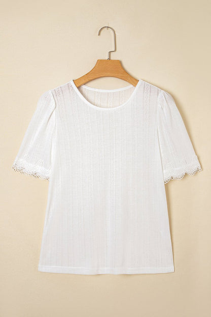 White Scalloped Lace Trim Jacquard Textured T Shirt for Women - Love Salve 