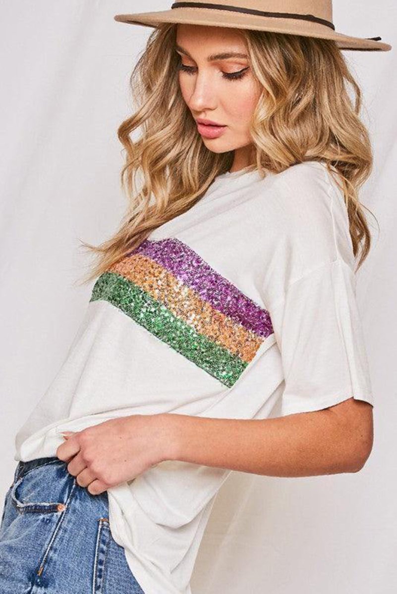 White Sequin Stripes Patchwork Mardi Gras Crew Neck T Shirt - Love Salve 