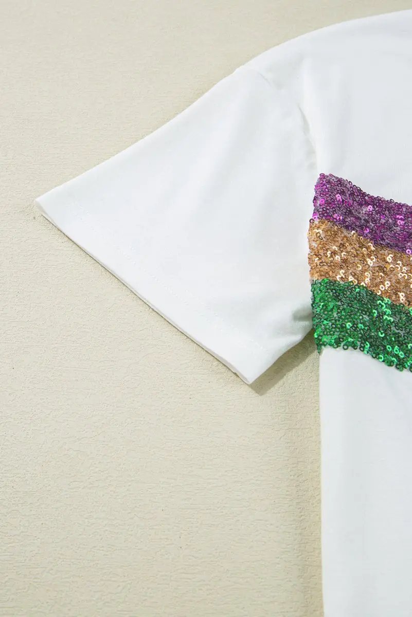 White Sequin Stripes Patchwork Mardi Gras Crew Neck T Shirt - Love Salve 
