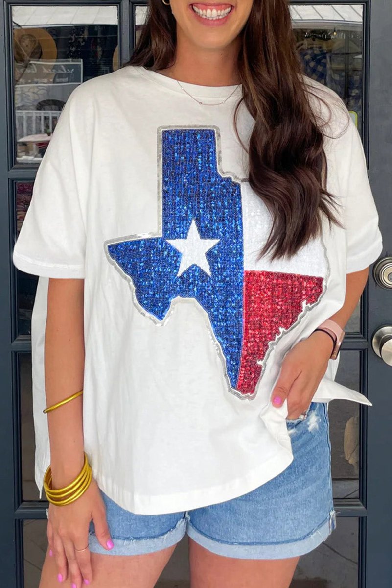 White Sequined Texas Graphic Plus Size T Shirt for Women - Love Salve