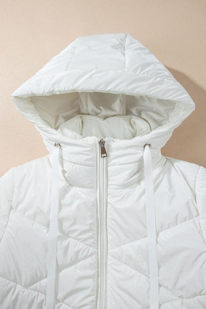 White Solid Quilted Hooded Zip Up Puffer Jackets - Love Salve 