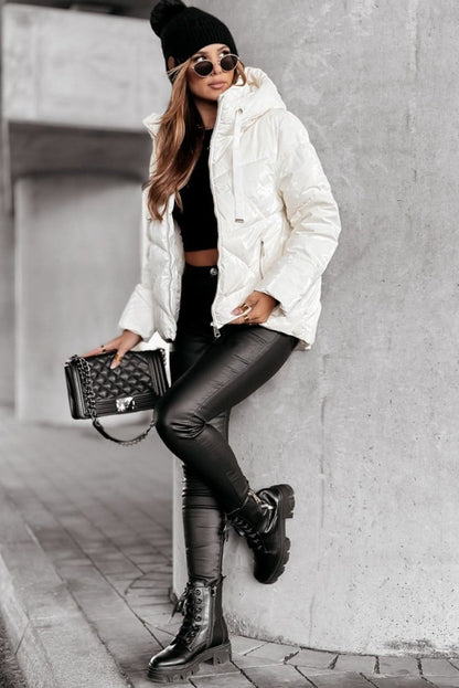 White Solid Quilted Hooded Zip Up Puffer Jackets - Love Salve 