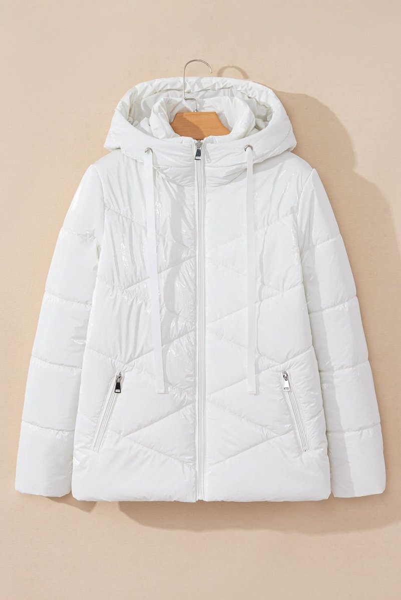 White Solid Quilted Hooded Zip Up Puffer Jackets - Love Salve 