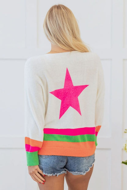 White Star Pattern Colorblock Striped Edge Drop Shoulder Sweater - Love Salve 