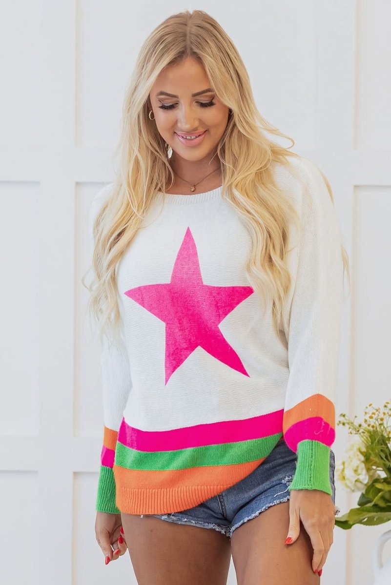 White Star Pattern Colorblock Striped Edge Drop Shoulder Sweater - Love Salve 