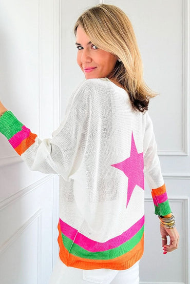 White Star Pattern Colorblock Striped Edge Drop Shoulder Sweater - Love Salve 