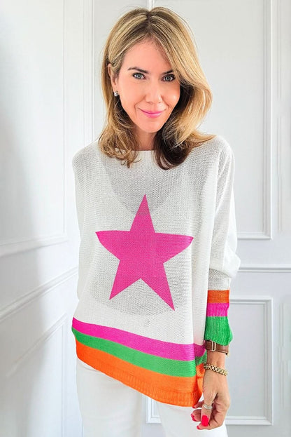 White Star Pattern Colorblock Striped Edge Drop Shoulder Sweater - Love Salve 