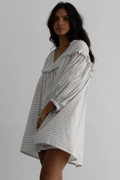 White Stripe Checkered Frilled V Neck Bracelet Sleeve Babydoll Dress - Love Salve 