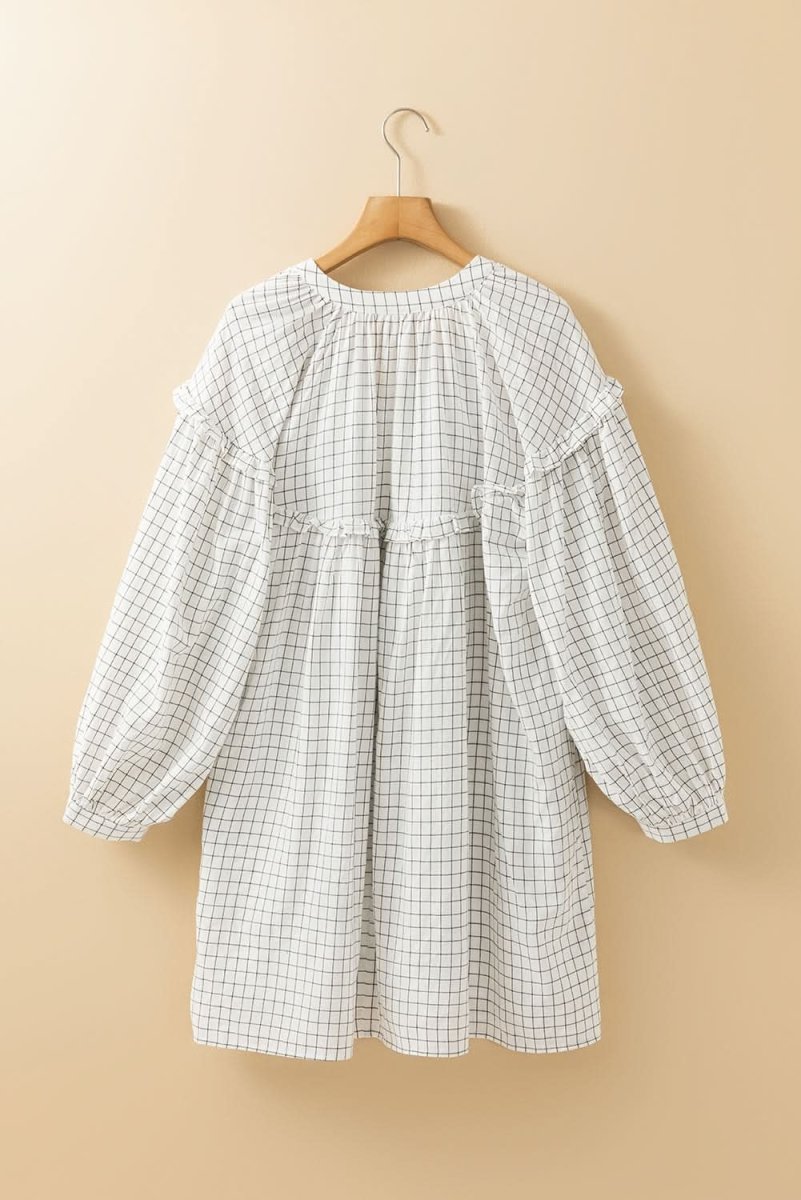White Stripe Checkered Frilled V Neck Bracelet Sleeve Babydoll Dress - Love Salve 