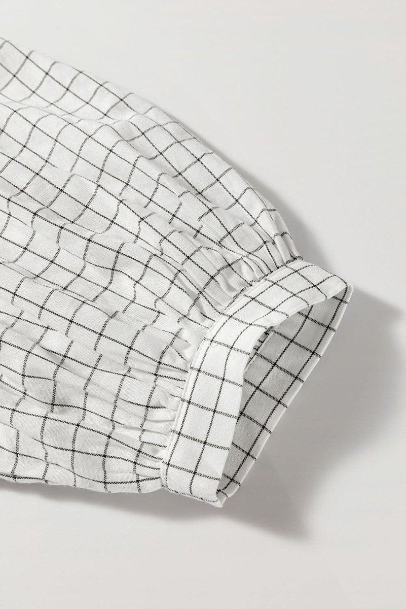 White Stripe Checkered Frilled V Neck Bracelet Sleeve Babydoll Dress - Love Salve 