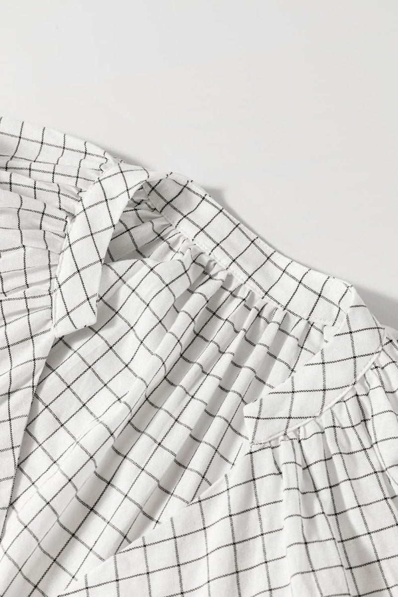 White Stripe Checkered Frilled V Neck Bracelet Sleeve Babydoll Dress - Love Salve 