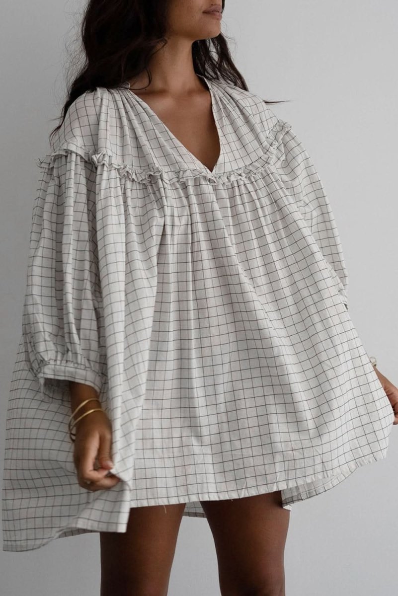 White Stripe Checkered Frilled V Neck Bracelet Sleeve Babydoll Dress - Love Salve 