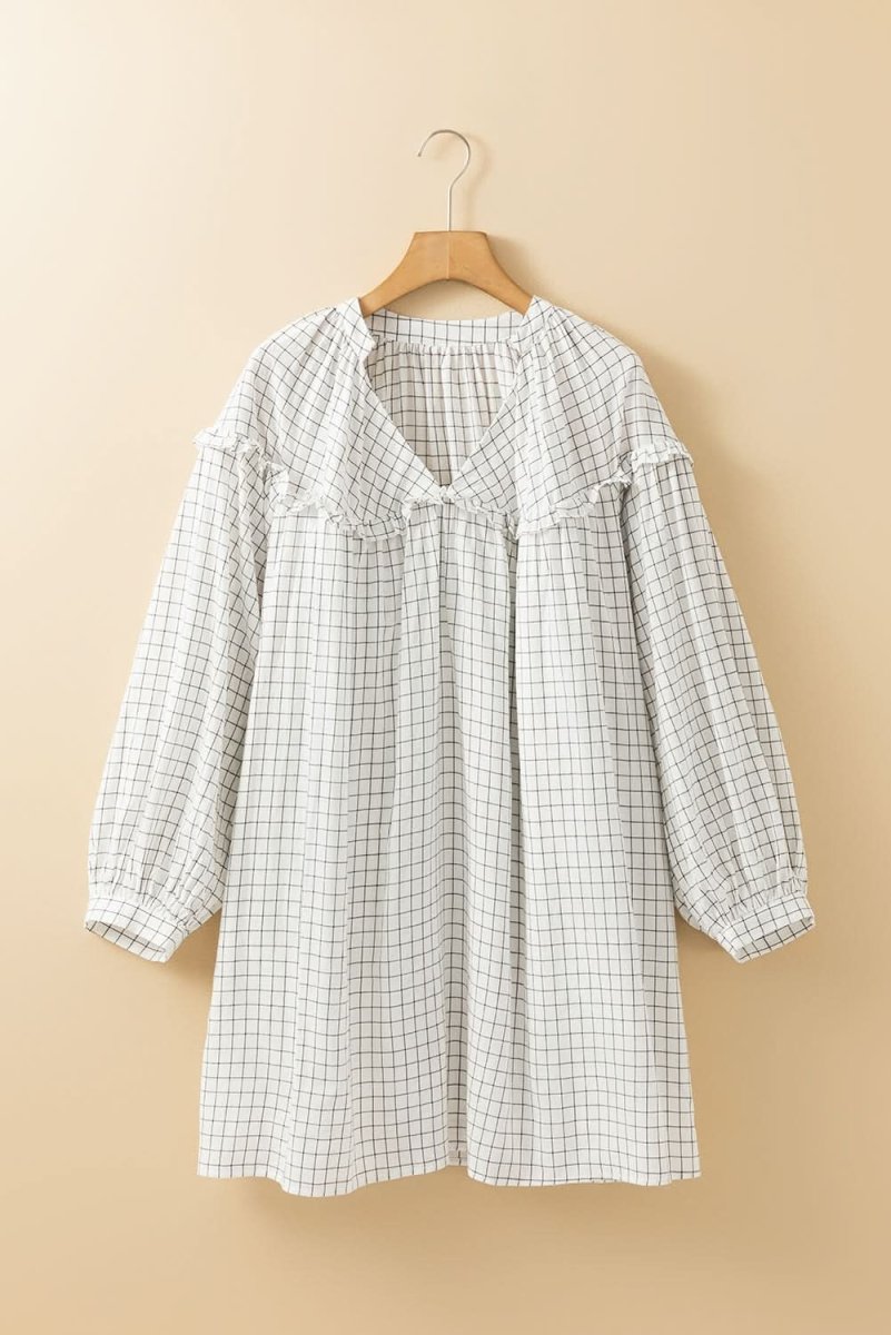 White Stripe Checkered Frilled V Neck Bracelet Sleeve Babydoll Dress - Love Salve 