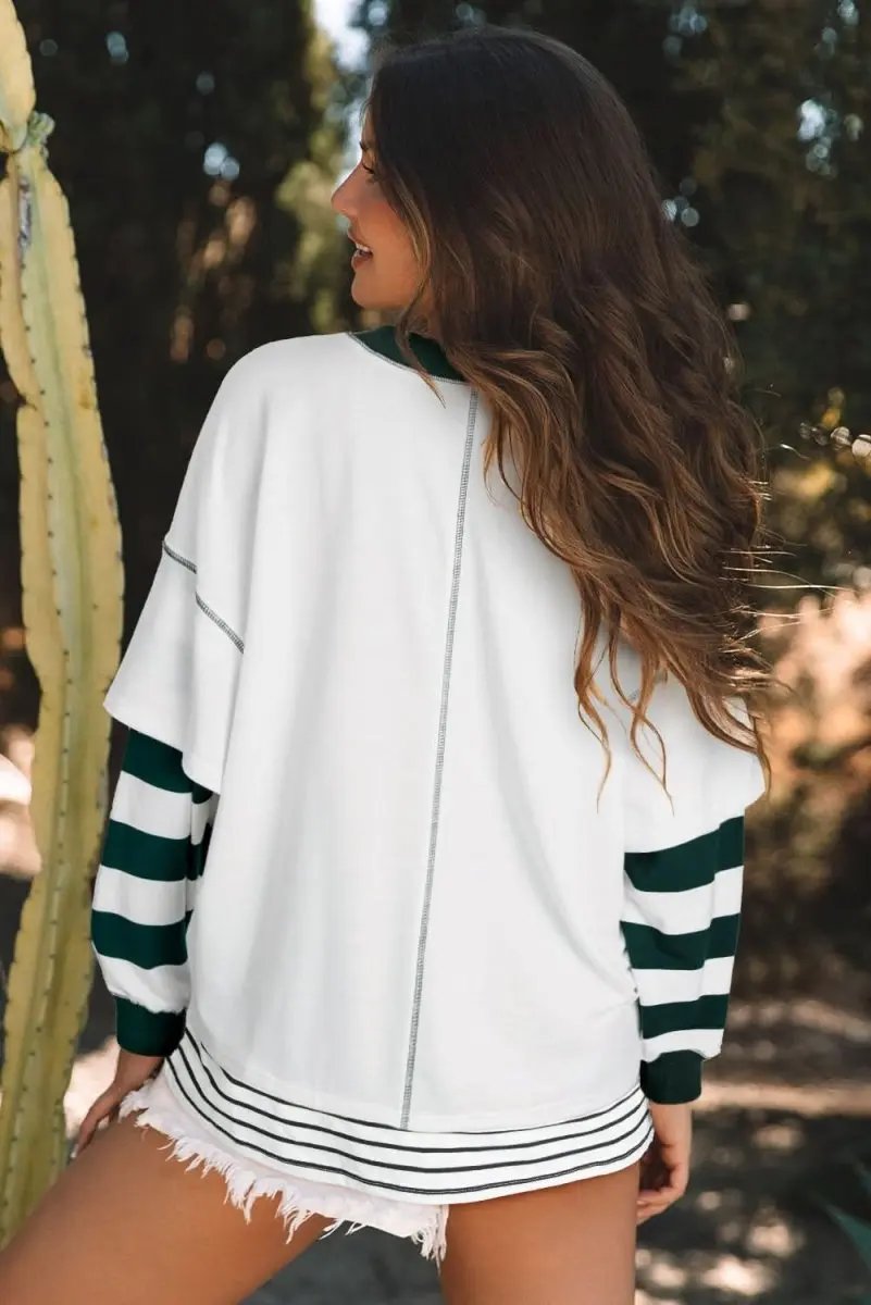 White Stripe Colorblock Sleeve Exposed Seam Fake-2-Piece Sweatshirt - Love Salve 