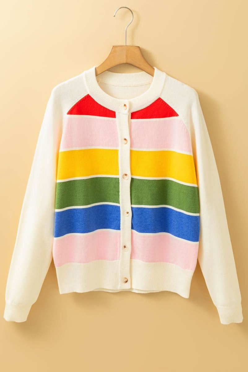 White Stripe Colorful Pattern Button Front Sweater Cardigan - Love Salve 