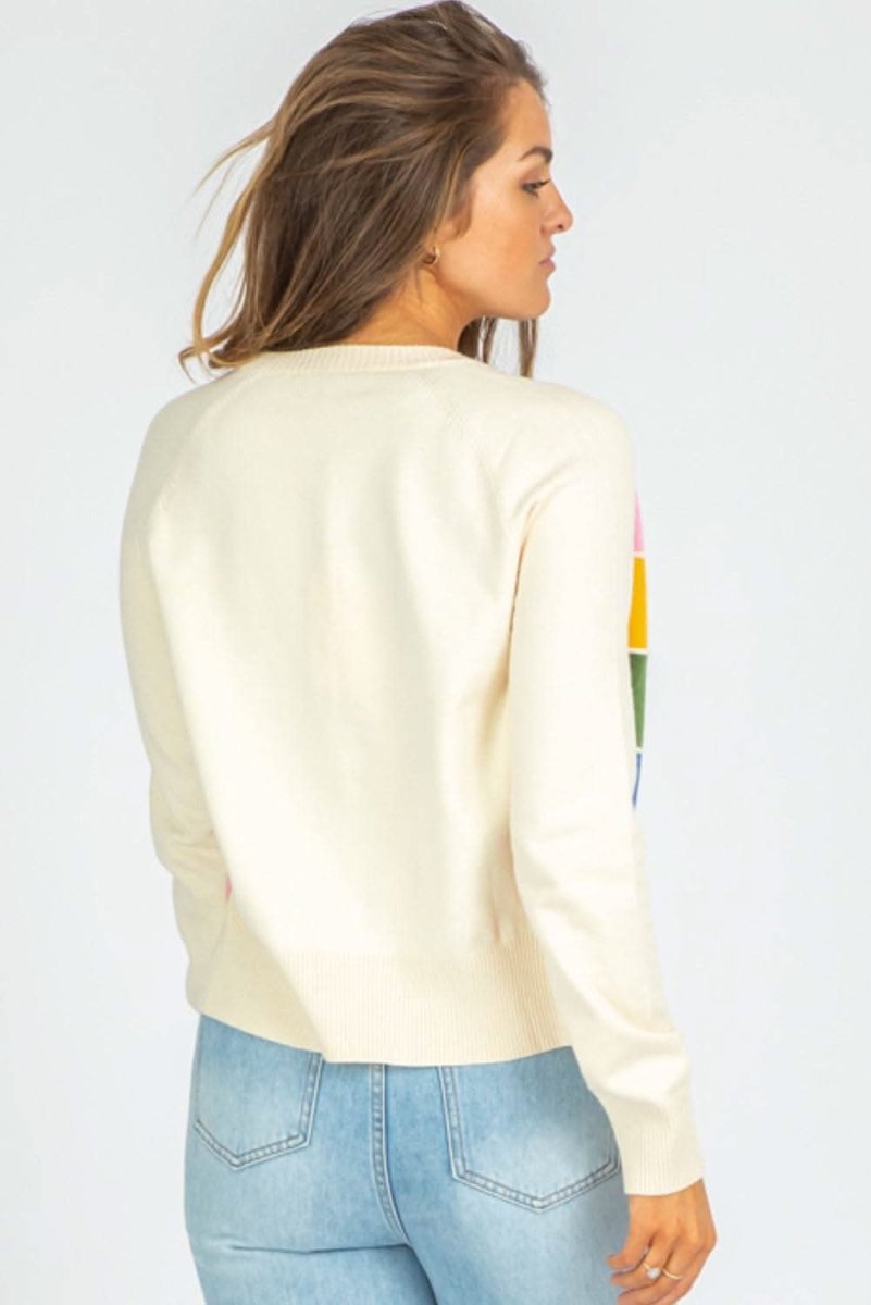 White Stripe Colorful Pattern Button Front Sweater Cardigan - Love Salve