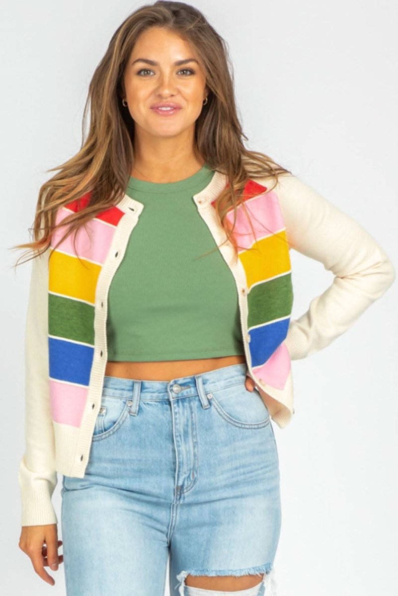 White Stripe Colorful Pattern Button Front Sweater Cardigan - Love Salve