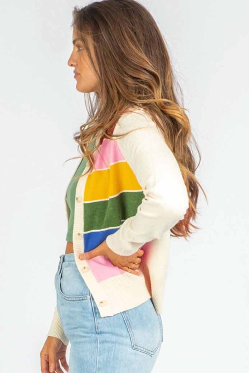 White Stripe Colorful Pattern Button Front Sweater Cardigan - Love Salve 