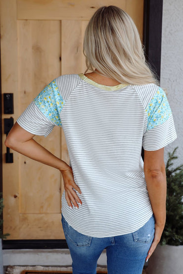 White Stripe Floral Insert Sleeves Contrast Round Neck Tee - Love Salve 
