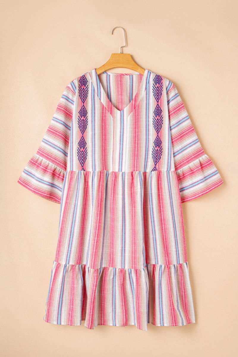 White Stripe Plus Size Embroidered Flared V Neck Dress - Love Salve