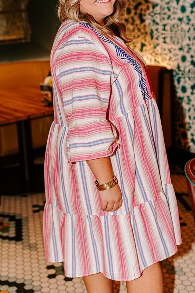 White Stripe Plus Size Embroidered Flared V Neck Dress - Love Salve
