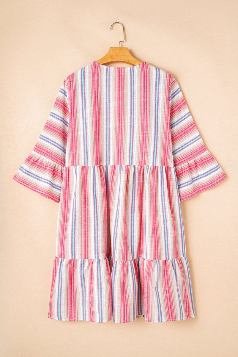 White Stripe Plus Size Embroidered Flared V Neck Dress - Love Salve