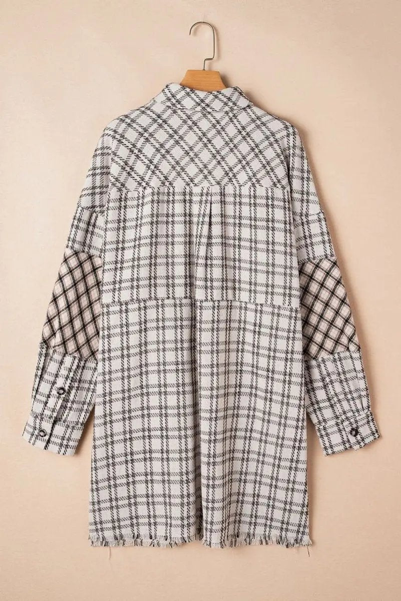 White Stripe Plus Size Plaid Buttoned Raw Hem Tunic Shirt Dress - Love Salve 