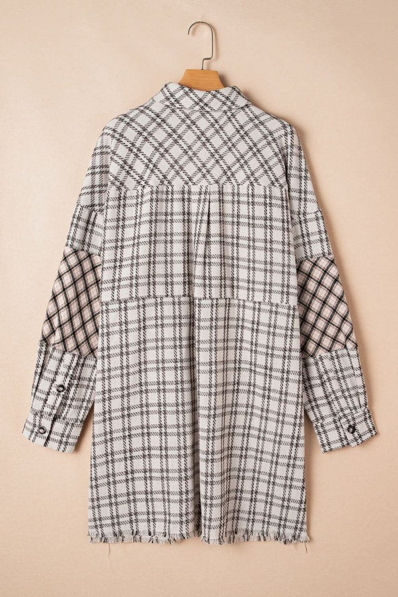White Stripe Plus Size Plaid Buttoned Raw Hem Tunic Shirt Dress - Love Salve