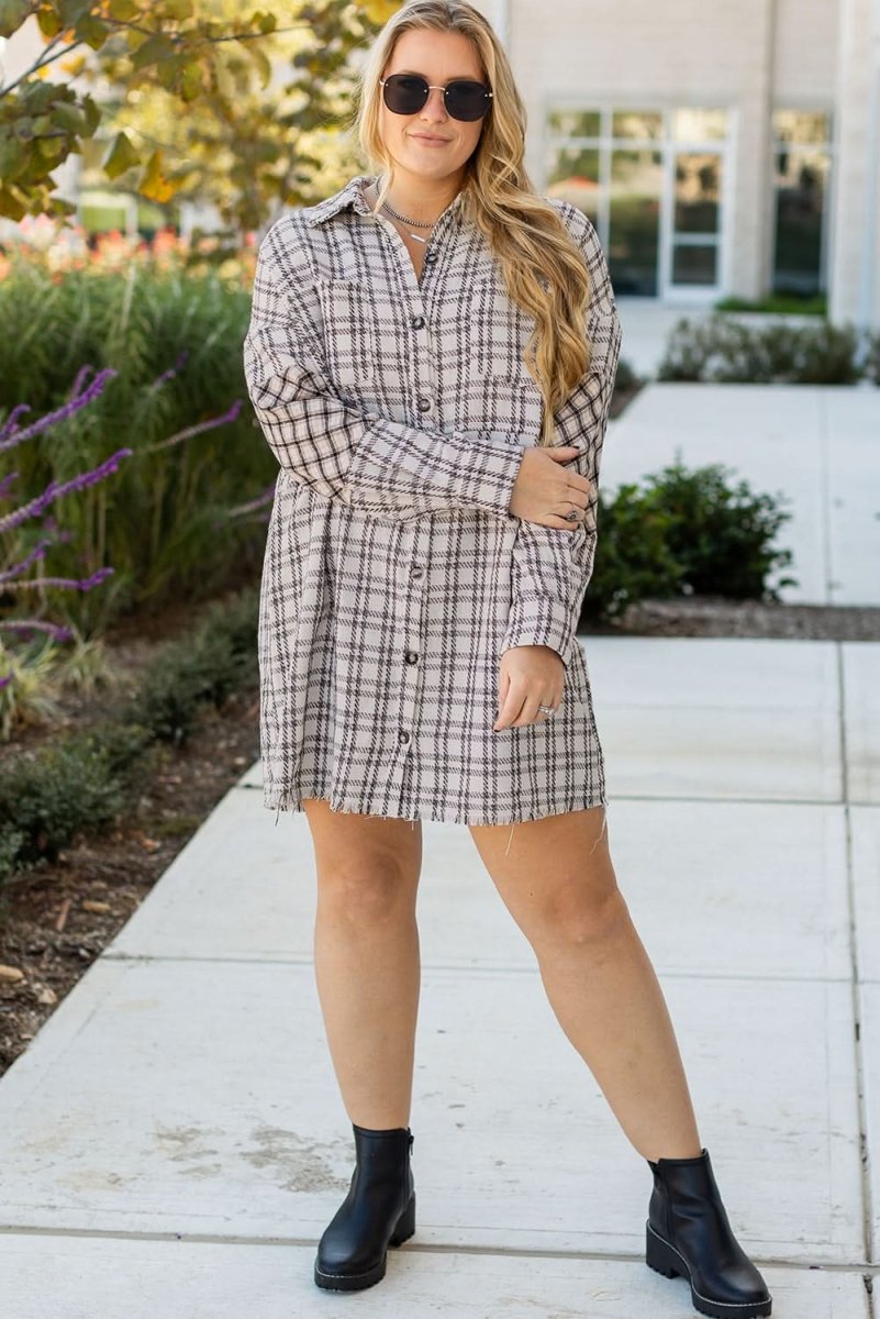 White Stripe Plus Size Plaid Buttoned Raw Hem Tunic Shirt Dress - Love Salve