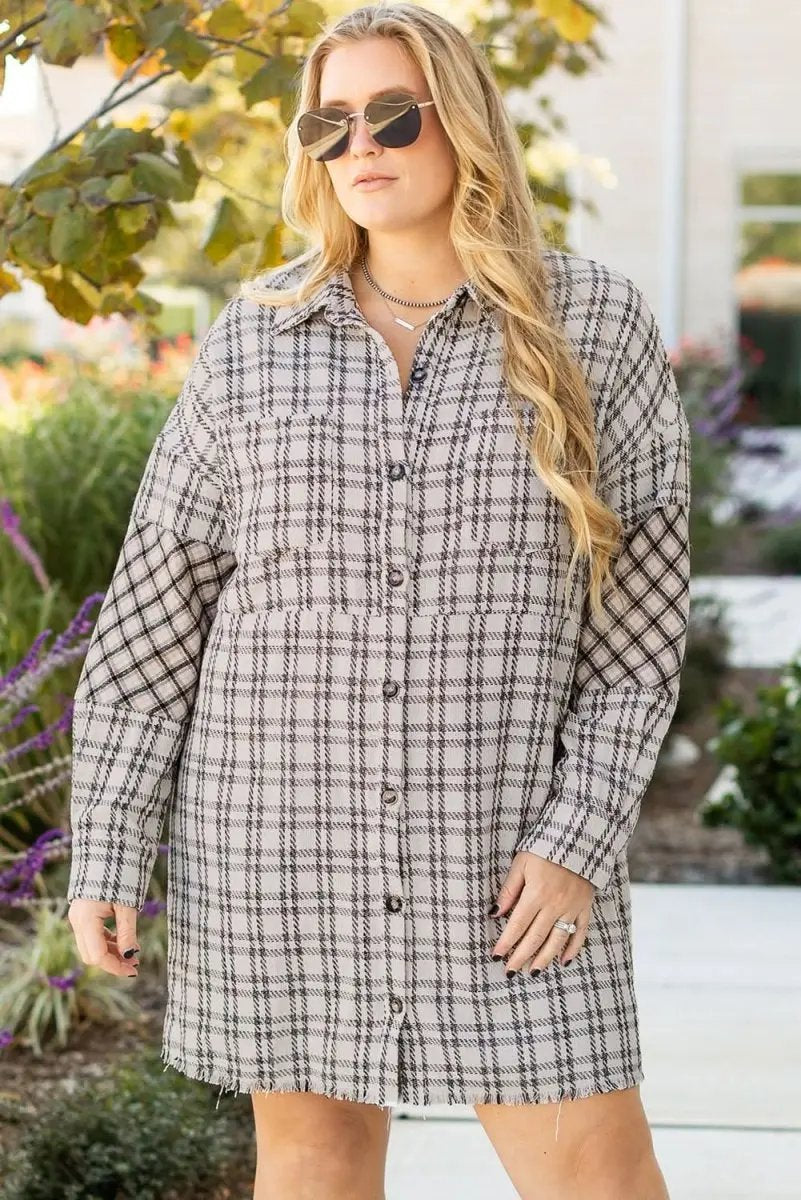 White Stripe Plus Size Plaid Buttoned Raw Hem Tunic Shirt Dress - Love Salve 