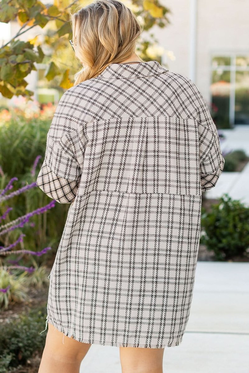 White Stripe Plus Size Plaid Buttoned Raw Hem Tunic Shirt Dress - Love Salve