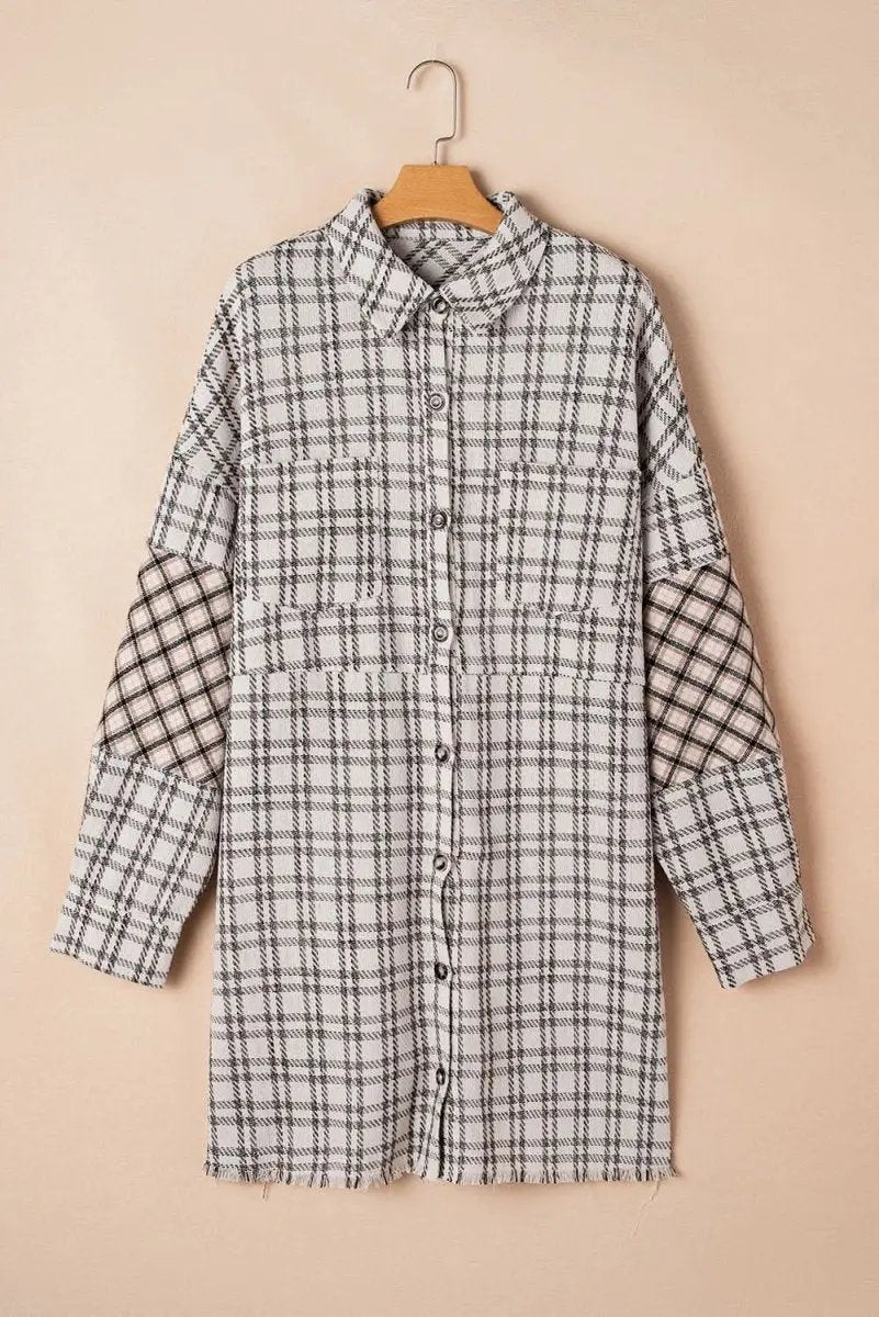 White Stripe Plus Size Plaid Buttoned Raw Hem Tunic Shirt Dress - Love Salve 