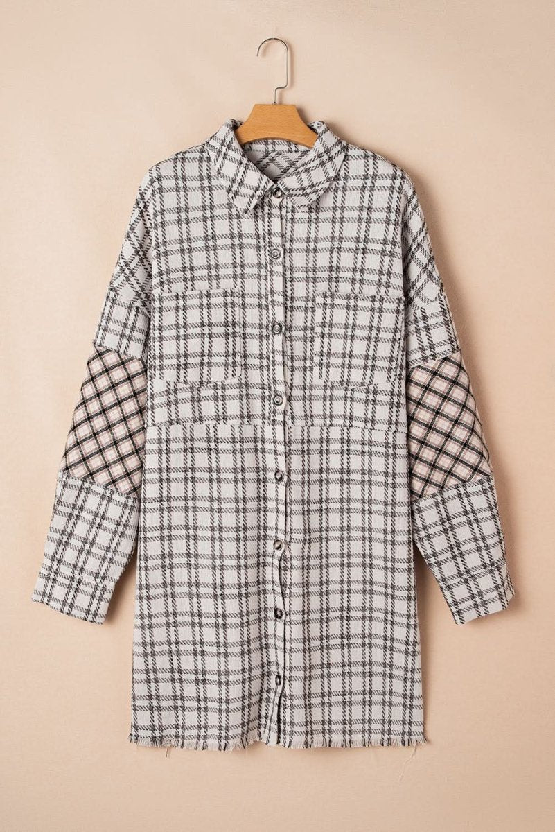 White Stripe Plus Size Plaid Buttoned Raw Hem Tunic Shirt Dress - Love Salve