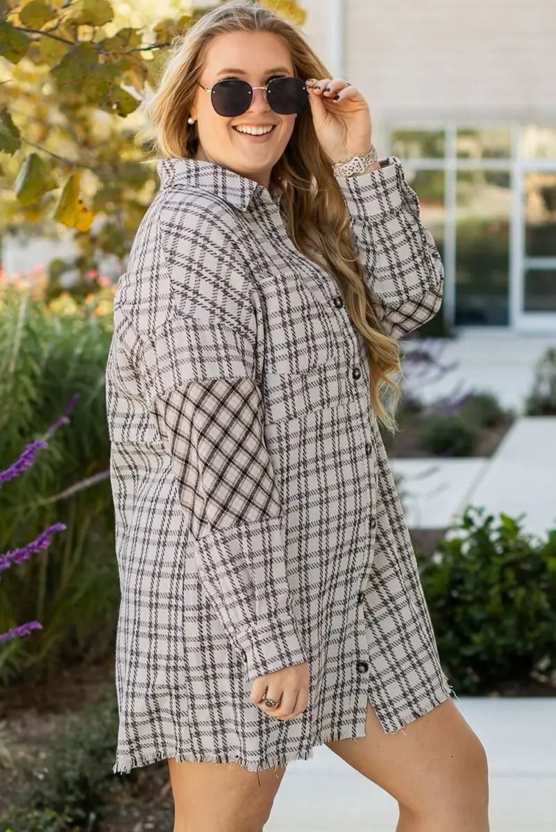 White Stripe Plus Size Plaid Buttoned Raw Hem Tunic Shirt Dress - Love Salve 