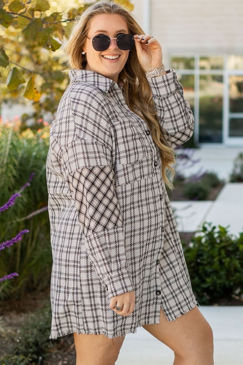 White Stripe Plus Size Plaid Buttoned Raw Hem Tunic Shirt Dress - Love Salve