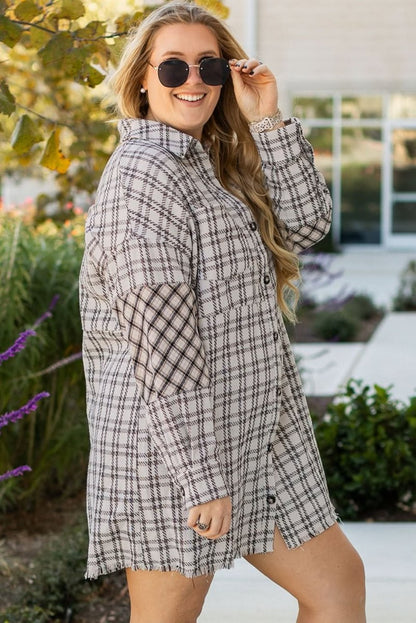 White Stripe Plus Size Plaid Buttoned Raw Hem Tunic Shirt Dress - Love Salve