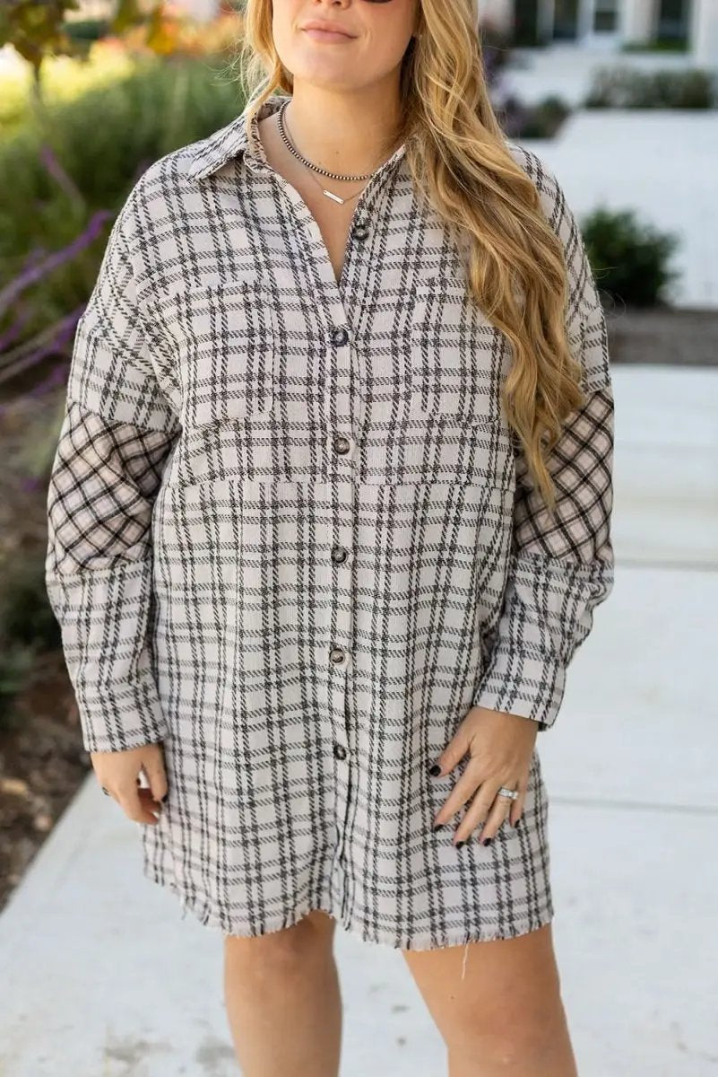 White Stripe Plus Size Plaid Buttoned Raw Hem Tunic Shirt Dress - Love Salve 