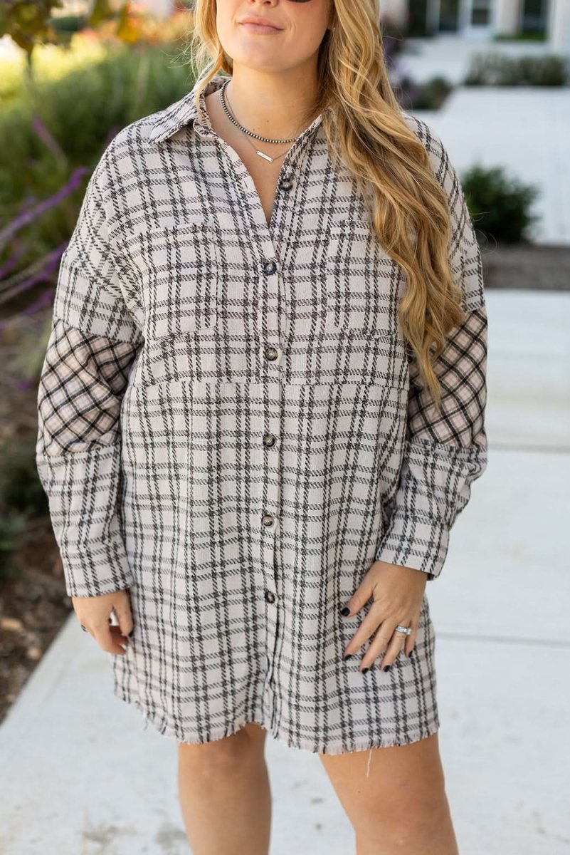 White Stripe Plus Size Plaid Buttoned Raw Hem Tunic Shirt Dress - Love Salve