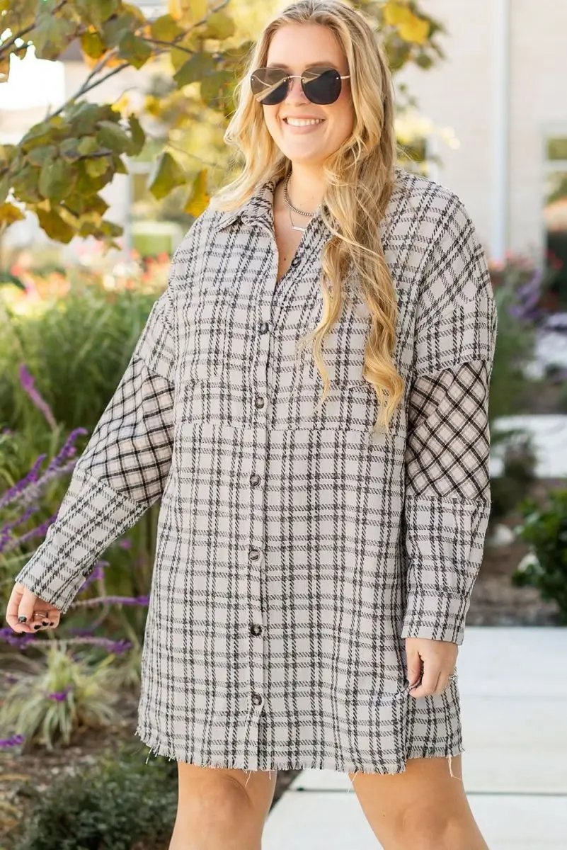 White Stripe Plus Size Plaid Buttoned Raw Hem Tunic Shirt Dress - Love Salve 