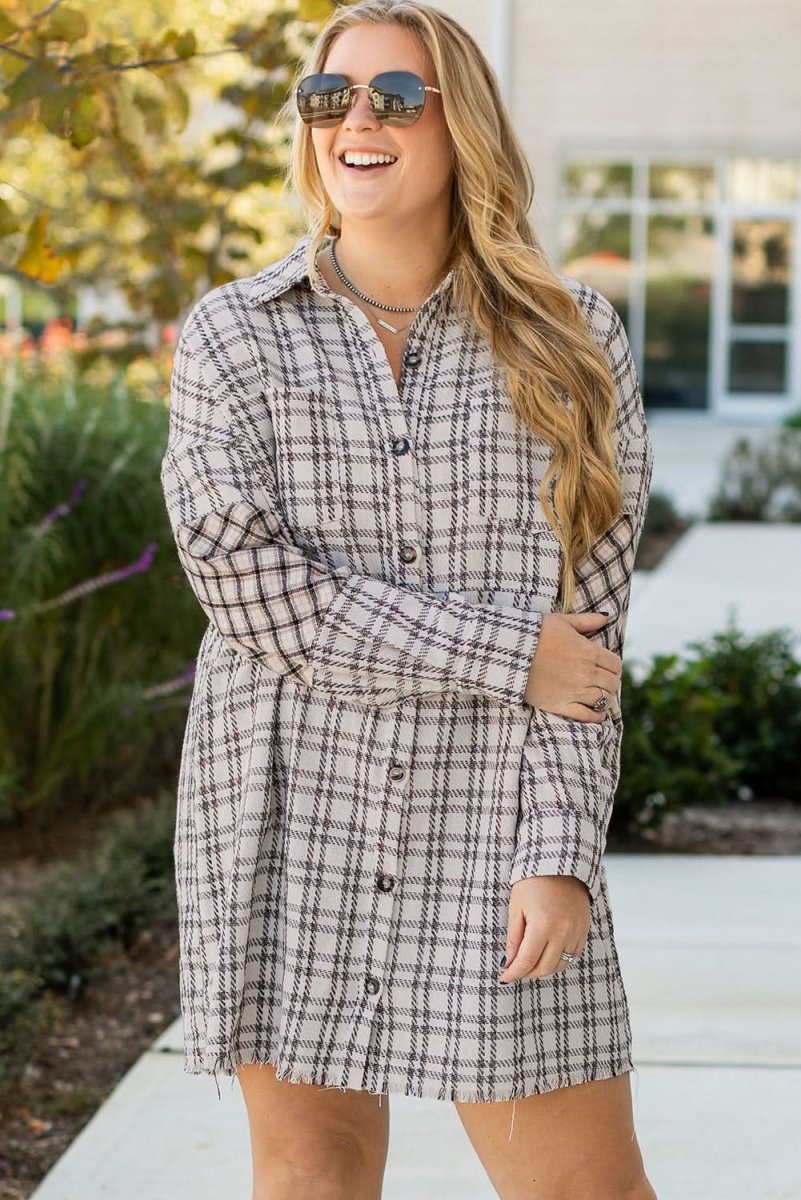 White Stripe Plus Size Plaid Buttoned Raw Hem Tunic Shirt Dress - Love Salve